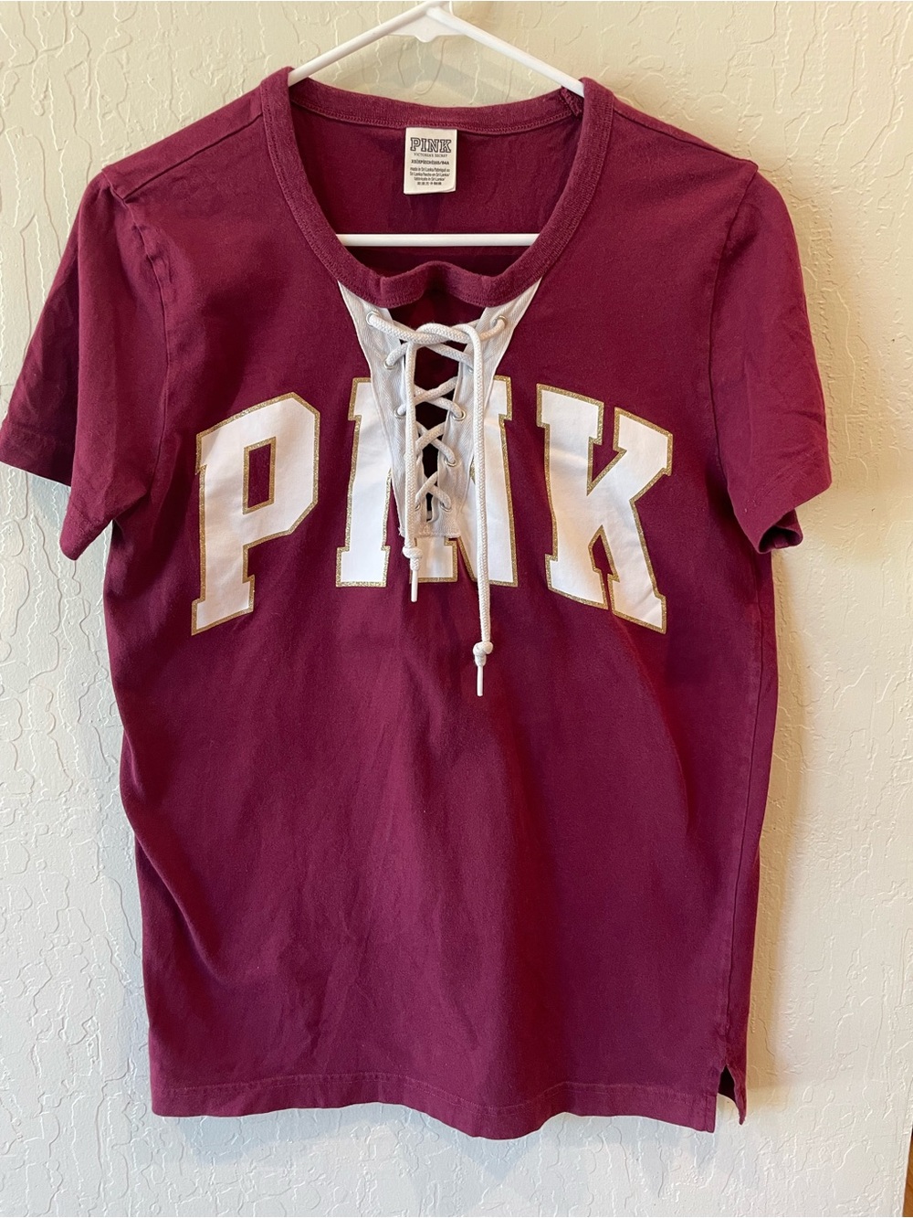 PINK Victoria's Secret Lace-Up Tee in Burgundy with White Logo